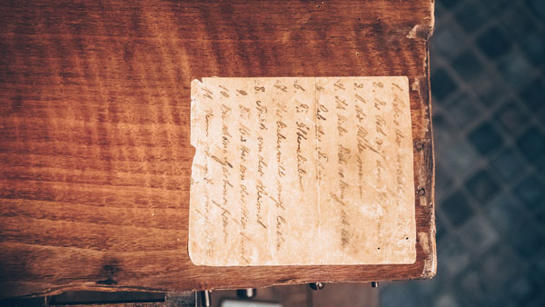 Ein Stück Papier mit alter Schrift auf der Drehorgel.