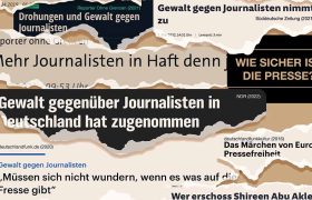 Auf braunem Hintergrund liegen mehrere Zeitungsausrisse mit Schlagzeilen zur Pressefreiheit