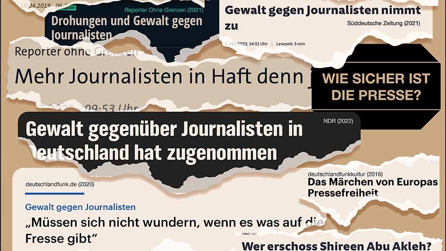 Auf braunem Hintergrund liegen mehrere Zeitungsausrisse mit Schlagzeilen zur Pressefreiheit