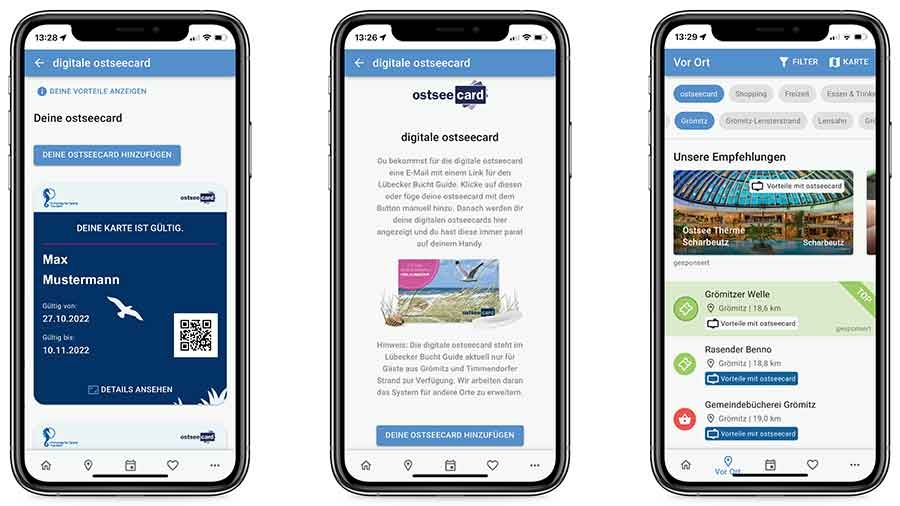 Auf drei Handybildschirmen sind Anwendungen der digitalen Ostseecard zu sehen: Die Karte selber, eine Anleitung zur Installierung und ein touristischer Hinweis