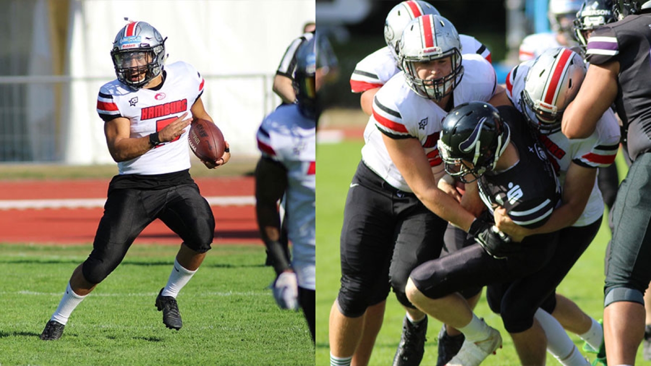 Ein Kombinationsbild: Links ein American Footballer allein auf dem Rasen, rechts im Fight. Die Footballer tragen weiße Trikots mit der Aufschrift "Hamburg" und schwarze Hosen