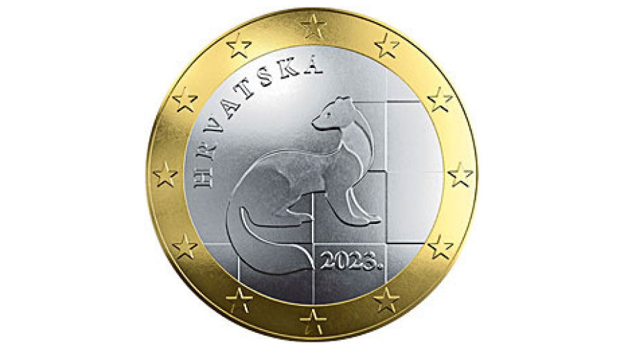 Die Rückseite einer Euro-Münze. Zentral ist ein Marder, die Umschrift lautet "HRVATSKA"