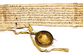 Ein altes Pergament mit einem goldenen Siegel.