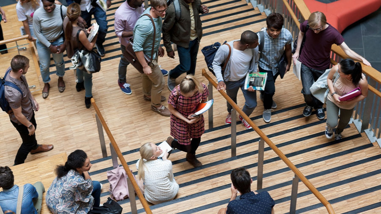 Viele Studenten auf einer Treppe.