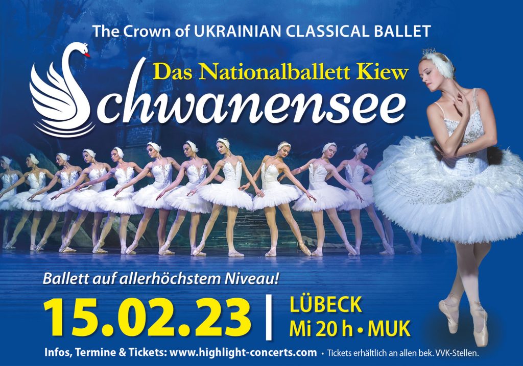 Eine Werbefläche für Schwanensee in der MuK, mit Tänzerinnen auf blauen Hintergrund.