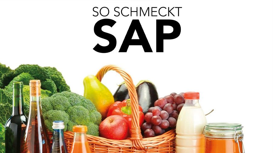 "So schmeckt SAP" steht als Schriftzug über verschiedenen Lebensmitteln.
