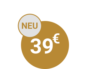 Zwei Kreise, in einem steht "NEU" im anderen "39€".