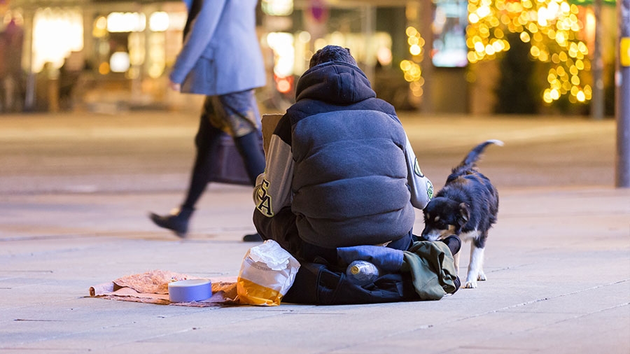 Ein Obdachloser sitzt auf der Straße, bei ihm ist ein Hund.
