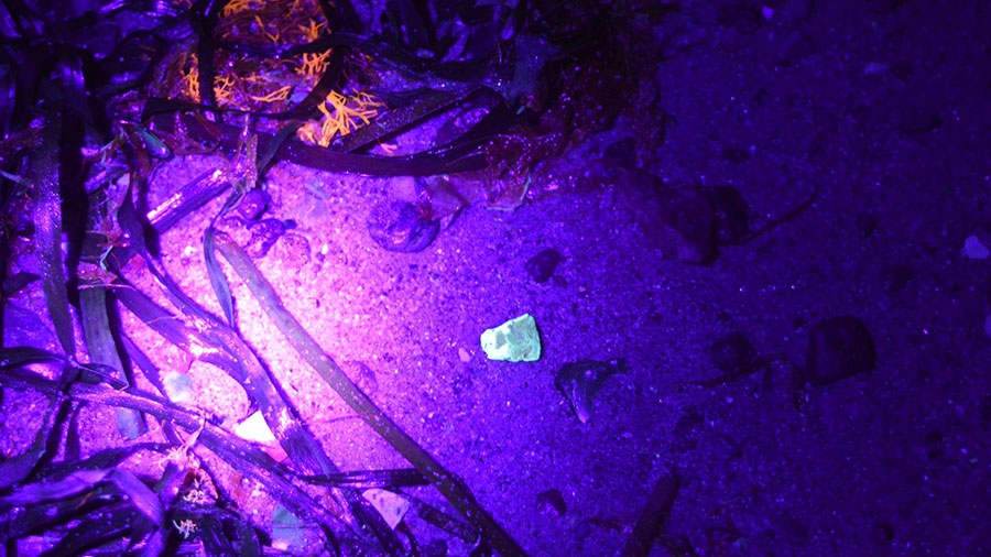 Ein Stein leuchtet grünlich auf während er von violetten Licht angestrahlt wird.