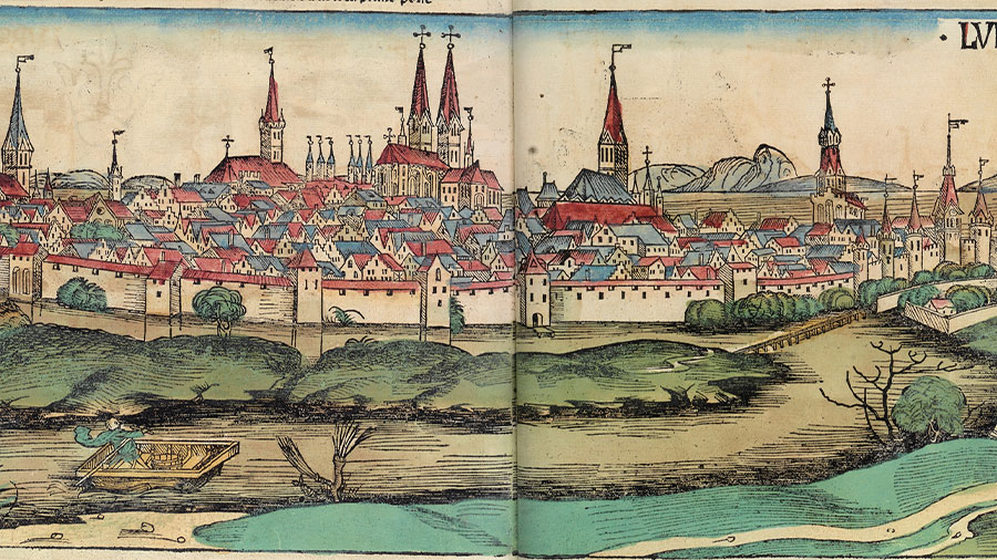 Eine Zeichnung von Lübeck im Mittelalter.