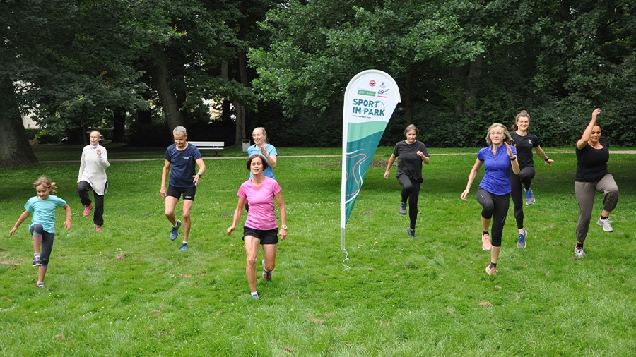 Mehrere Frauen machen im Park Sport.