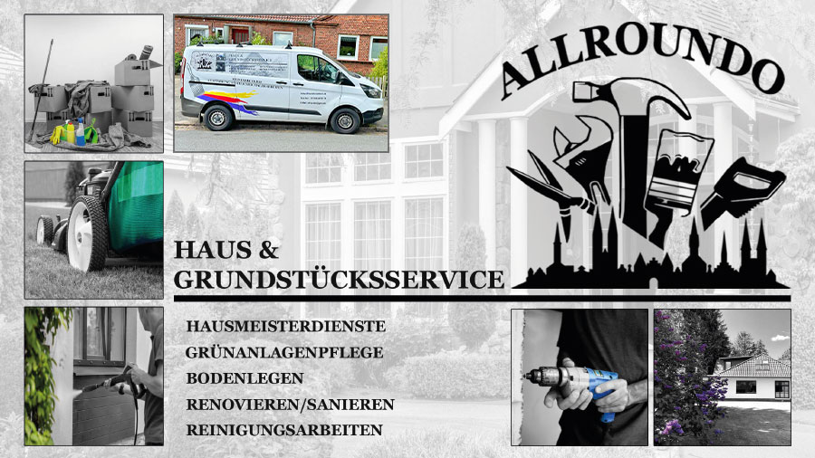 Der Flyer von Allroundo mit Bildern des Unternehmens und dem Logo.