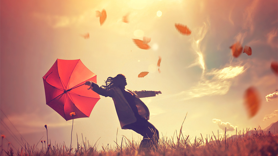 Eine Frau mit Schirm im Herbstwind