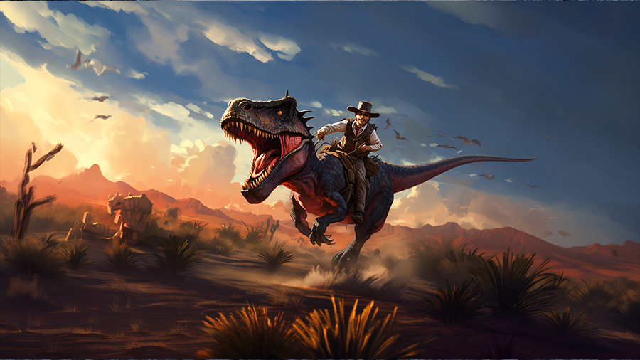 en Cowboy reitet auf einem Dino AdobeStock_623625187