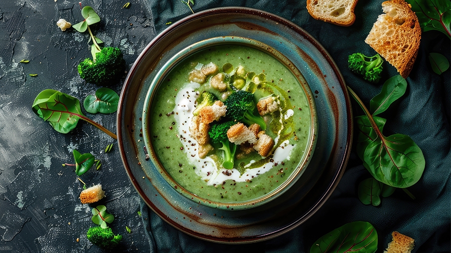 Brokolisuppe zubereitet auf einer Arbeitsfläche