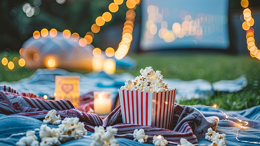 Eine Portion Popcorn vor einer Leinwand