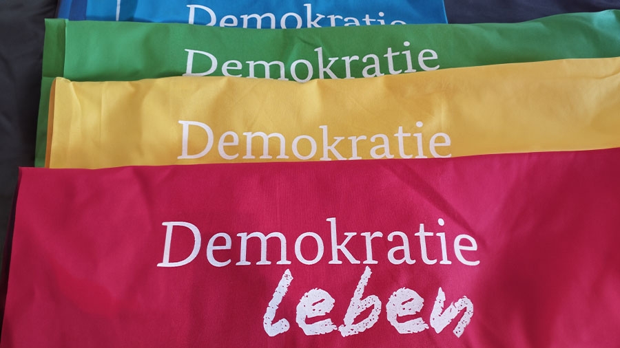 Abbildung mit Flaggen zum Projekt mit der Aufschrift Demokratie Leben